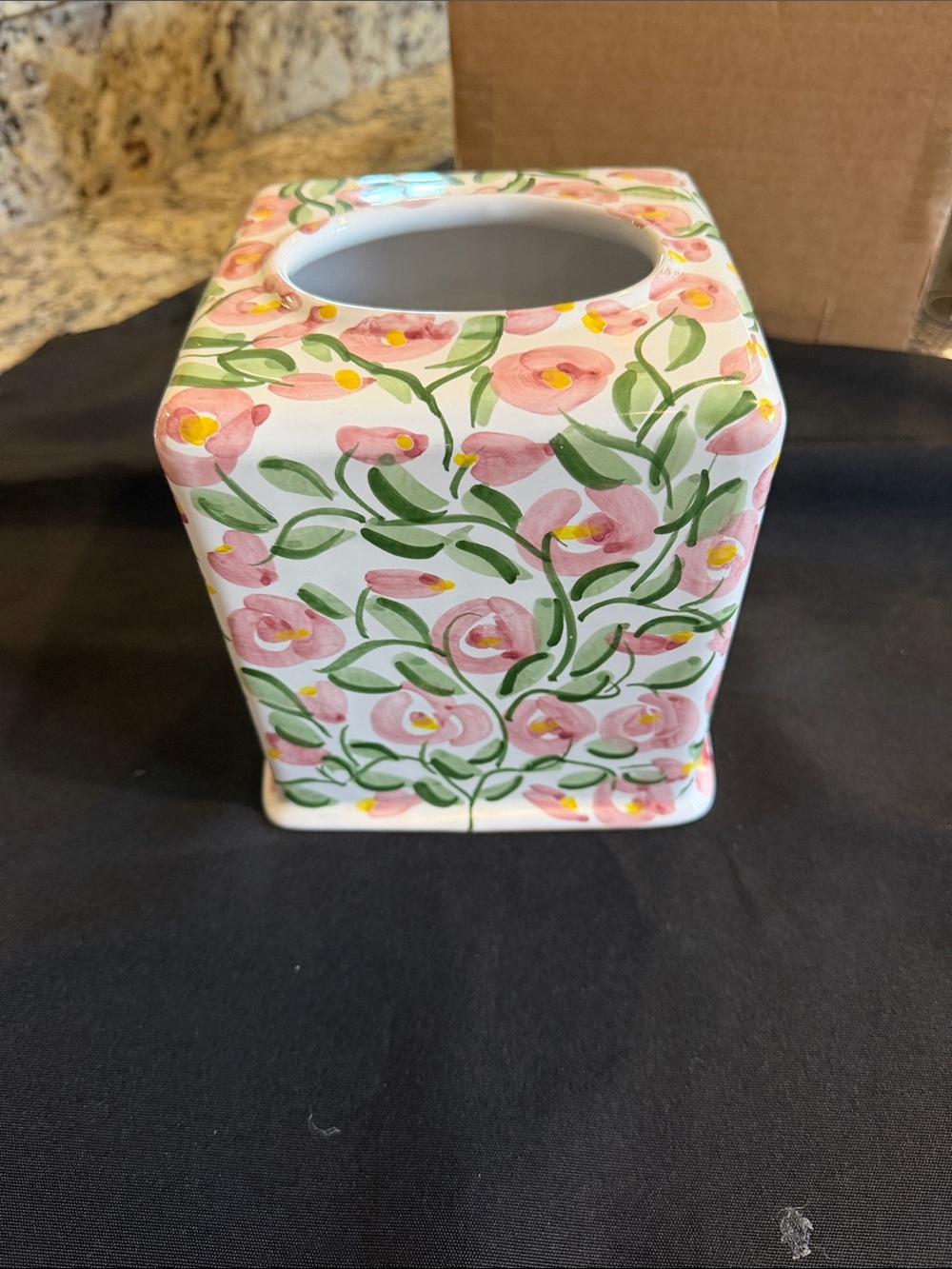 Hand-Painted Floral Ceramic tissue dispenser in Pink & Green